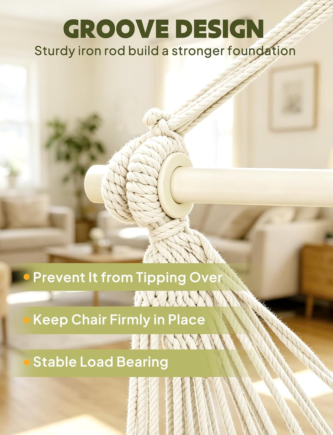 Hammock Chair Hanging Swing Max 500 Lbs 2 Cushions Included Metal Spreader Bar with Anti-Slip Grooves Portable Hanging Chair Side Pocket Large Macrame Bohemian Chair Indoor Outdoor