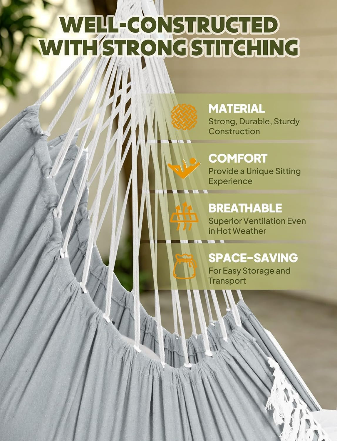 Hammock Chair Hanging Swing Max 500 Lbs 2 Cushions Included Metal Spreader Bar with Anti-Slip Grooves Portable Hanging Chair Side Pocket Large Macrame Bohemian Chair Indoor Outdoor