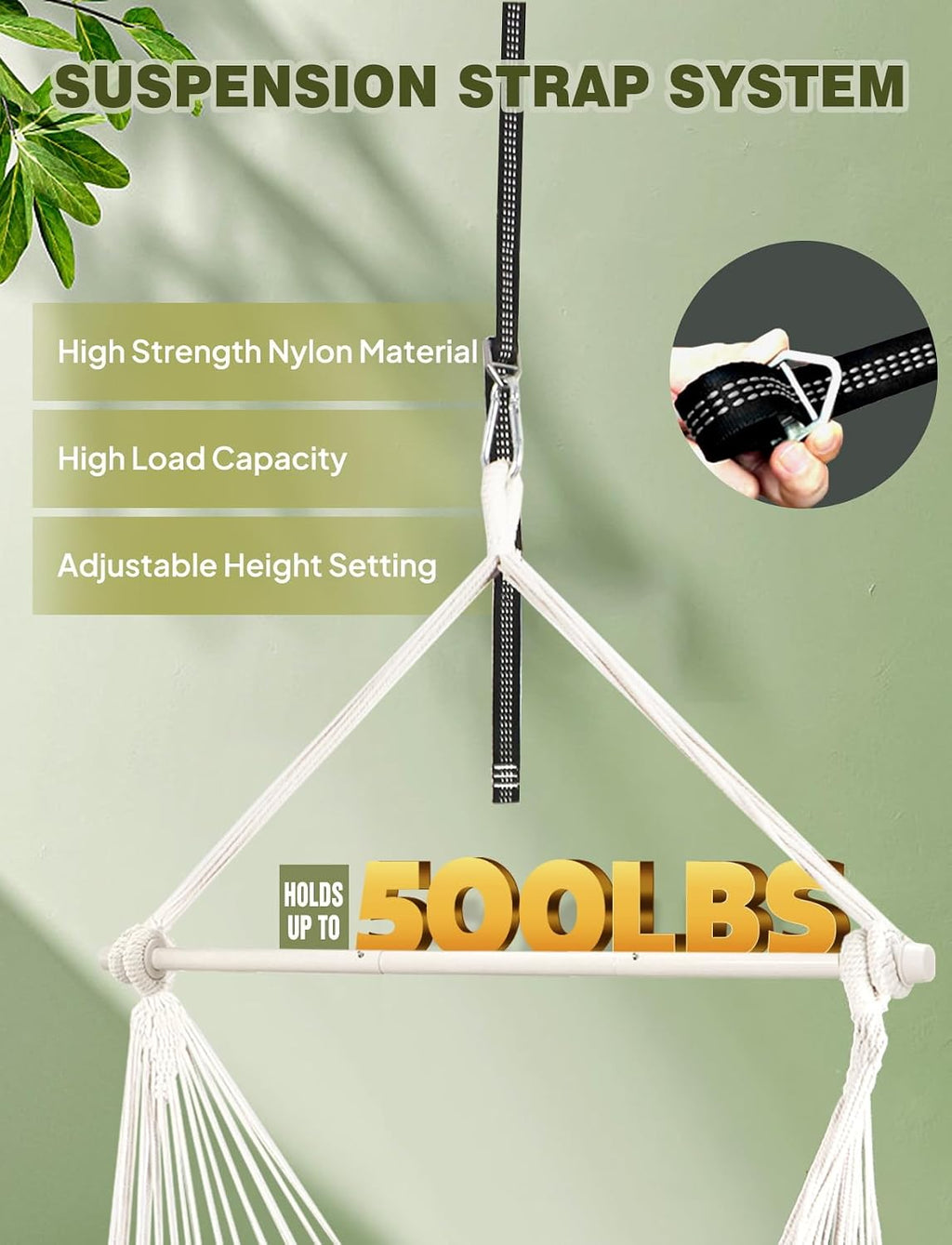 Hammock Chair Hanging Swing Max 500 Lbs 2 Cushions Included Metal Spreader Bar with Anti-Slip Grooves Portable Hanging Chair Side Pocket Large Macrame Bohemian Chair Indoor Outdoor