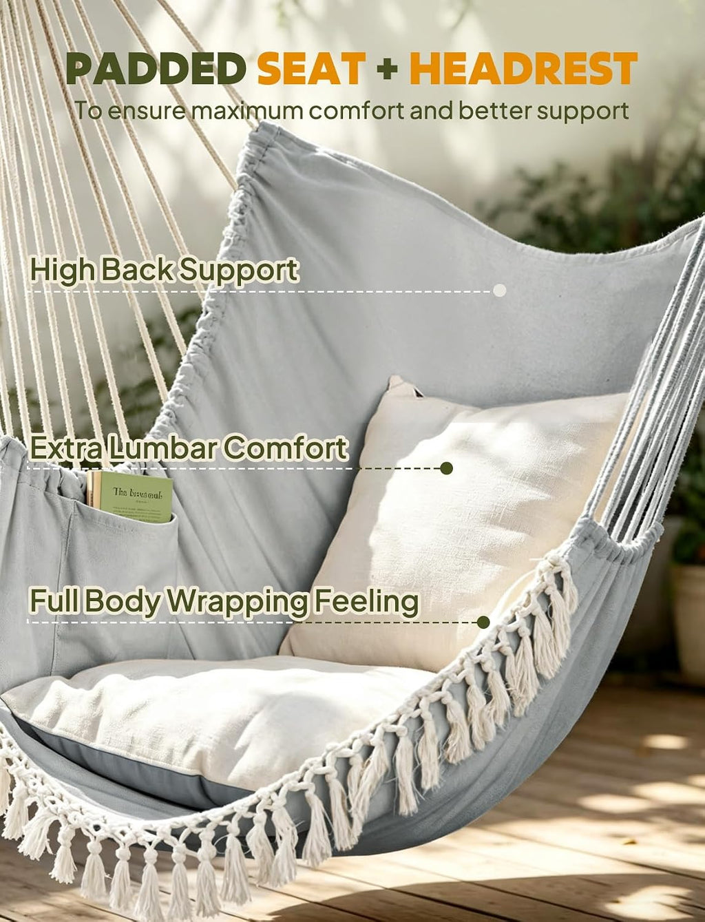 Hammock Chair Hanging Swing Max 500 Lbs 2 Cushions Included Metal Spreader Bar with Anti-Slip Grooves Portable Hanging Chair Side Pocket Large Macrame Bohemian Chair Indoor Outdoor