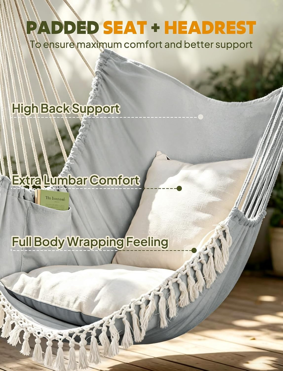 Hammock Chair Hanging Swing Max 500 Lbs 2 Cushions Included Metal Spreader Bar with Anti-Slip Grooves Portable Hanging Chair Side Pocket Large Macrame Bohemian Chair Indoor Outdoor