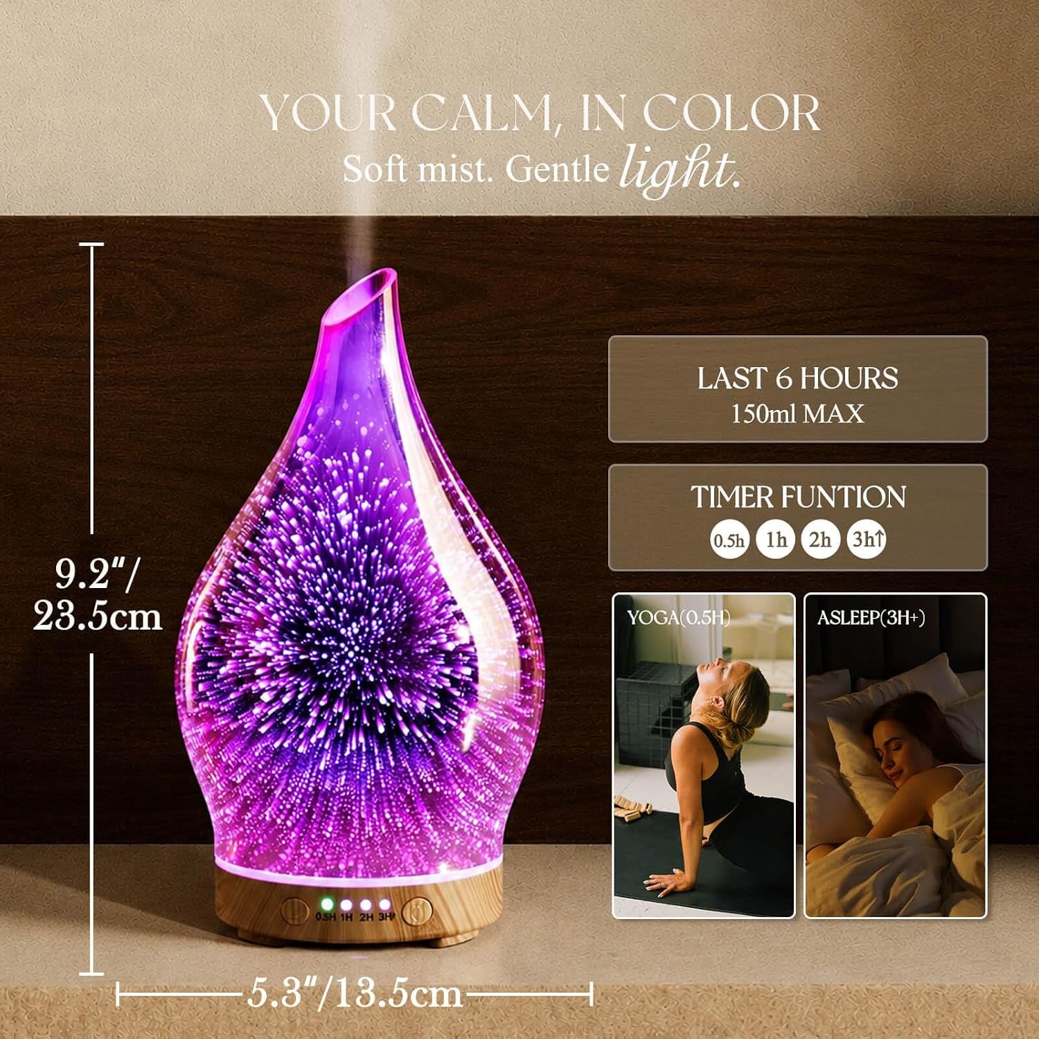 Essential Oil Diffuser 3D Firework Glass Aromatherapy Ultrasonic Humidifier Rose Gold, Auto Shut-Off, Timer Setting, BPA Free, Aroma Decoration for Home, Office, Gym, Spa, Premium Gift 150Ml